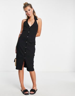 Brave Soul steph button down halter dress with collar in black