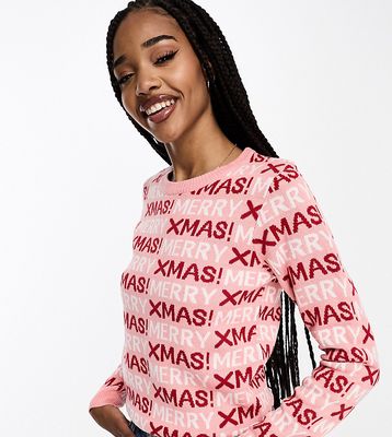 Brave Soul Tall merry christmas sweater in pink