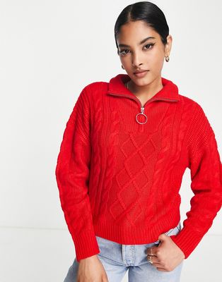 Brave Soul tanya half zip cable knit sweater in red