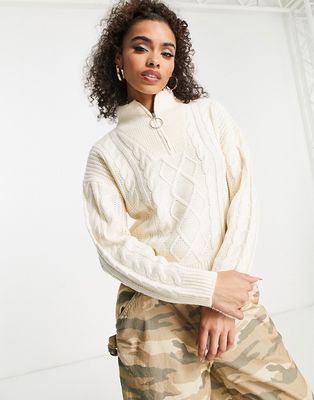 Brave Soul Tanya half zip cable knit sweater in-White