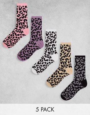 Brave Soul Wild 5-pack socks in yellow and pink leopard mix