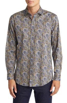 Brax Harold Paisley Print Stretch Cotton Button-Up Shirt in Navy