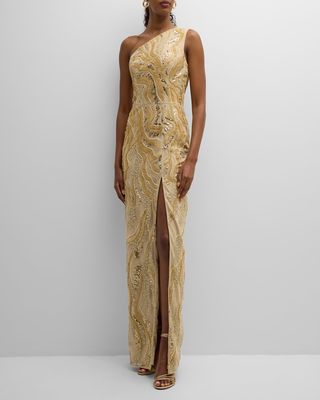 Brea One-Shoulder Bead & Sequin Column Gown