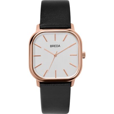 BREDA Visser Square Leather Strap Watch, 35mm in Black/White/Rose Gold 