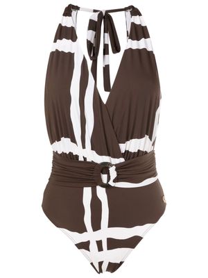 Brigitte check-pattern halterneck-tie swimsuit - Brown