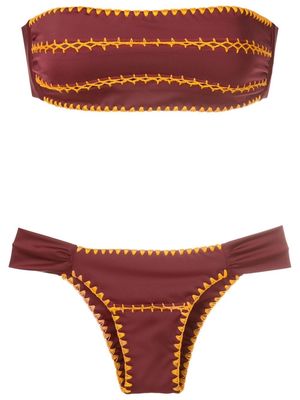 Brigitte contrasting-pattern stitch bandeau bikini - Red