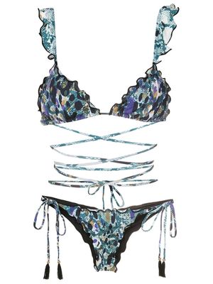 Brigitte pattern-print wrap-around detail bikini - Blue