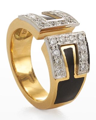 Brilliant-Cut Diamond and Black Enamel Ring in Platinum and Gold, Size 6.5