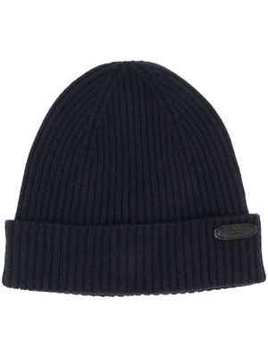 Brioni logo-patch ribbed-knit beanie - Blue