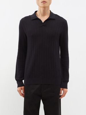 Brioni - Open-collar Ribbed Cotton Polo Shirt - Mens - Dark Blue