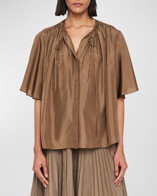 Bristow Ruched Flutter-Sleeve Silk Blouse