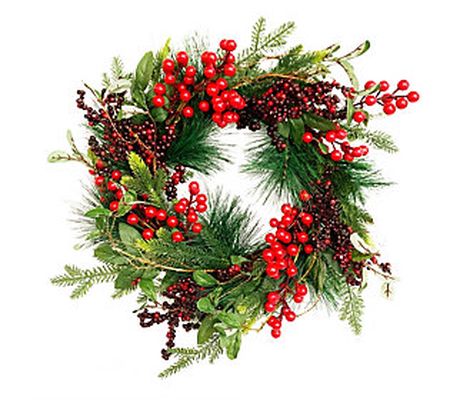 Brite Star 22" Mixed Pine Wreath with Berries a nd Olive Leave