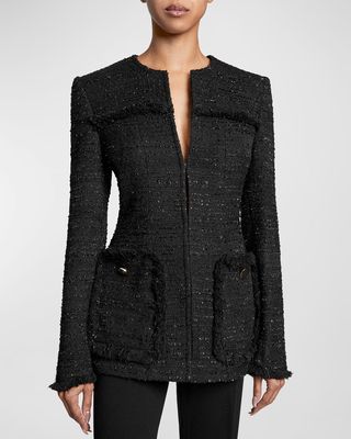 Britt Fringe-Trim Speckled Tweed Jacket