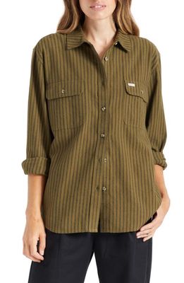 Brixton Bowery Ticking Stripe Cotton Flannel Button-Up Shirt in Military Olive Stripe
