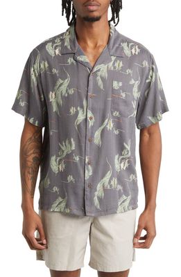 Brixton Bunker Tropical Short Sleeve Button-Up Camp Shirt in Washed Black/sea Form/coconut