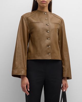 Brize Single-Breasted Collarless Leather Jacket