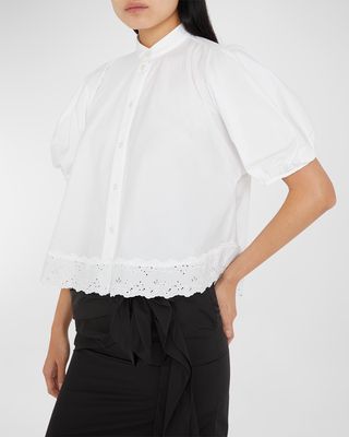 Broderie Anglaise-Trim Puff-Sleeve Crop Shirt