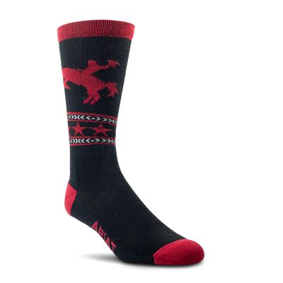 Bronc Rider Mid Calf Everyday Performance Wool Socks in Black/Red, Size: Medium Regular by Ariat