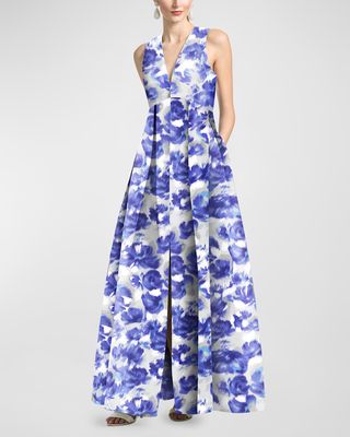 Brooke Pleated Floral-Print Gown