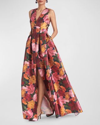 Brooke Pleated Floral-Print Mikado Gown