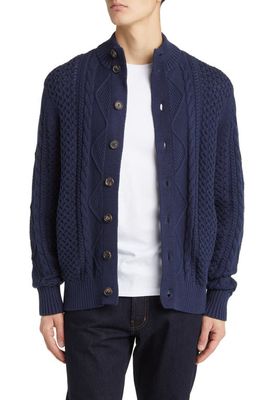Brooks Brothers Cotton Cable Knit Fisherman Cardigan in Navy Blazer