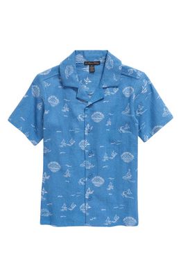 Brooks Brothers Kids' Sailboat Print Short Sleeve Linen Blend Button-Up Shirt in 602 Dark Blue