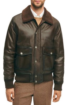 Brooks Brothers Leather Flight Jacket with Genuine Shearling Collar in Chocolate Brown