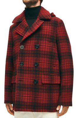 Brooks Brothers Out Buffalo Check Hooded Wool Peacoat in Red Plaid