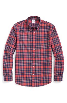 Brooks Brothers Plaid Brushed Cotton & Wool Flannel Button-Down Shirt in Red Plaid