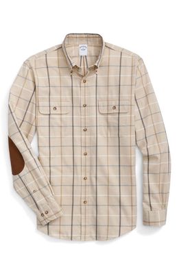 Brooks Brothers Regular Fit Windowpane Plaid Cotton & Cashmere Button-Down Shirt in Incense