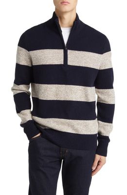 Brooks Brothers Stripe Raglan Sleeve Wool Half Zip Sweater in Ragg Stripe Navy Oat