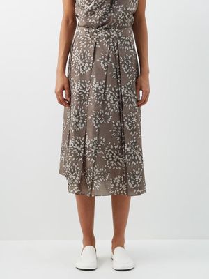 Brunello Cucinelli - Abstract-print Pleated Silk-poplin Midi Skirt - Womens - Brown Multi