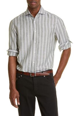 Brunello Cucinelli Basic Fit Stripe Linen & Cotton Dress Shirt in Green Stripe