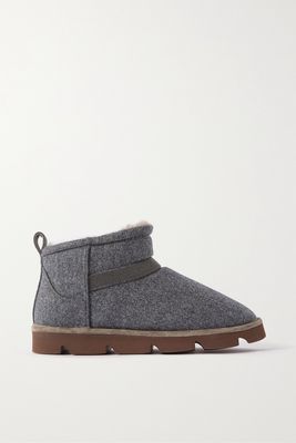 Brunello Cucinelli - Bead-embellished Faux Shearling-lined Wool-felt Ankle Boots - Gray