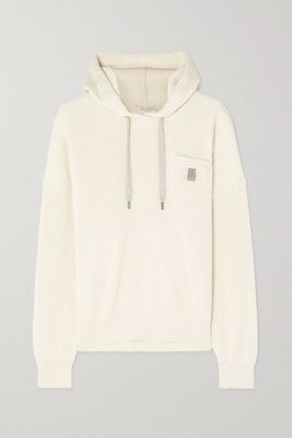 Brunello Cucinelli - Bead-embellished Ribbed Cotton Hoodie - Off-white