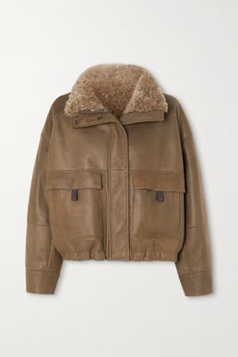 Brunello Cucinelli - Bead-embellished Shearling-lined Leather Jacket - Brown