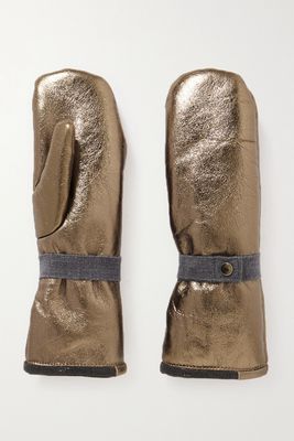 Brunello Cucinelli - Bead-embellished Shearling-lined Metallic Leather Mittens - L