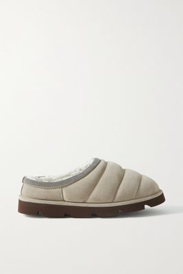 Brunello Cucinelli - Bead-embellished Shearling-lined Quilted Suede Slippers - Neutrals