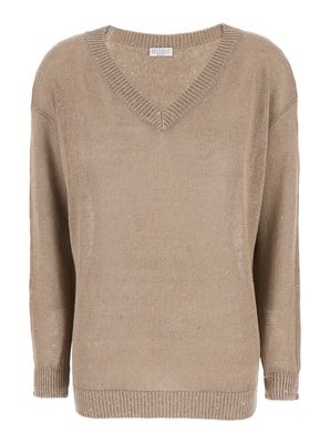 Brunello Cucinelli Beige V-neck Sequin Embellished Knitted Jumper In Linen Blend Woman