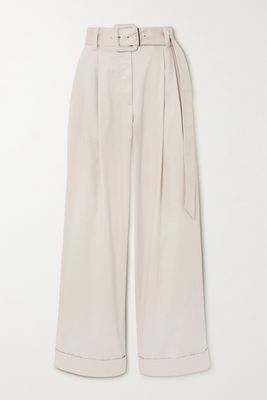 Brunello Cucinelli - Belted Bead-embellished Pleated Cotton-blend Twill Wide-leg Pants - Ivory