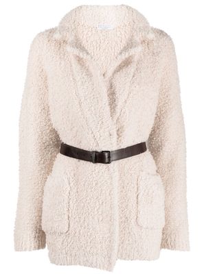 Brunello Cucinelli belted faux-shearling jacket - White