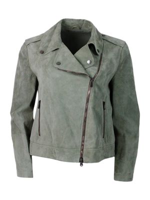 Brunello Cucinelli Biker Jacket In Precious And Soft Suede With Rows Of Brilliant Monili Behind The Neck