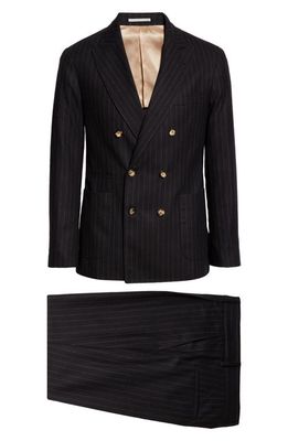 Brunello Cucinelli Chalk Stripe Double Breasted Virgin Wool Flannel Suit in C003-Black