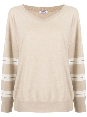 Brunello Cucinelli contrasting-stripe V-neck sweater - Brown
