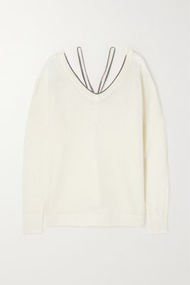 Brunello Cucinelli - Crystal-embellished Linen And Silk-blend Sweater - White