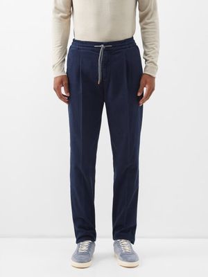Brunello Cucinelli - Drawstring-waist Cotton-blend Trousers - Mens - Navy