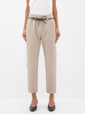 Brunello Cucinelli - Drawstring-waist Cotton Straight-leg Trousers - Womens - Khaki Brown