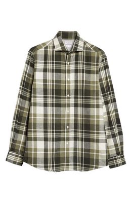Brunello Cucinelli Easy Fit Plaid Cotton Flannel Button-Up Shirt in C540-Green /White