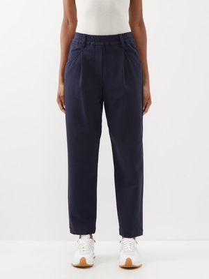 Brunello Cucinelli - Elasticated Straight-leg Cotton-blend Trousers - Womens - Navy