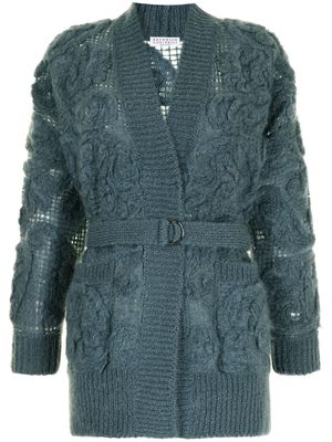 Brunello Cucinelli embroidered belted cardigan - Blue